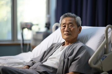 Mature asian adult man patient on patient bed hospital.