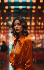 Obraz premium A woman in an elegant orange dress posing for a picture