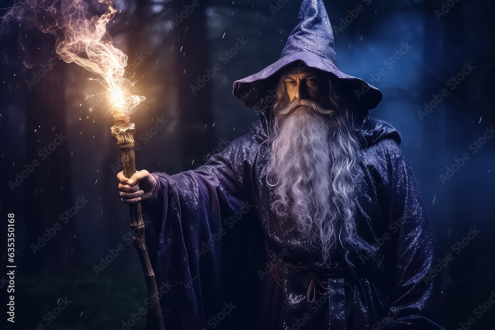 Wall mural A man in a wizard costume conjuring dark forces with a magic wand