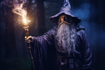 A man in a wizard costume conjuring dark forces with a magic wand - obrazy, fototapety, plakaty