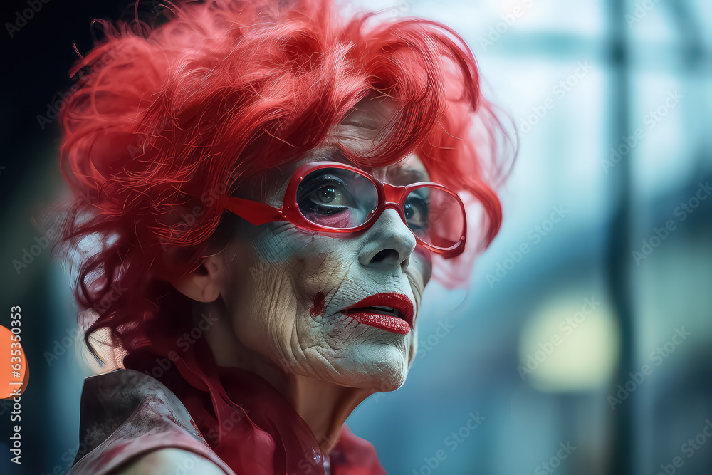 Wall mural photo of a retired woman with a bright red wig and zombie makeup.