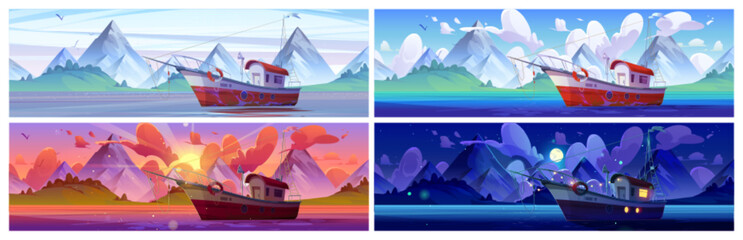 Ship in ocean at night, sunset, dawn and day time cartoon illustration. Fishery trawler in sea game northern environment panoramic landscape set with nobody. Float vessel marine nature scene