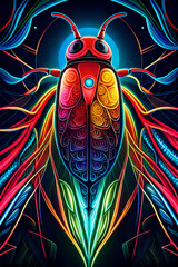 Antique, mechanical firefly with light bulb and thin wings glows orange, purple, turquoise on black background. Generative AI