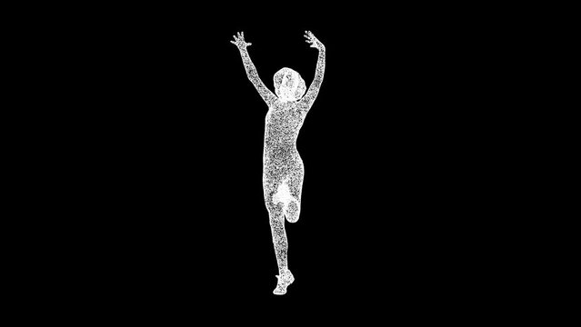 3D Woman in dancing pose rotates on black bg. Sports Fitness concept. Healthy lifestyle. Business advertising backdrop. For title, text, presentation. 3d animation 60 FPS