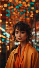 Obraz premium A woman in an orange shirt and gold earrings