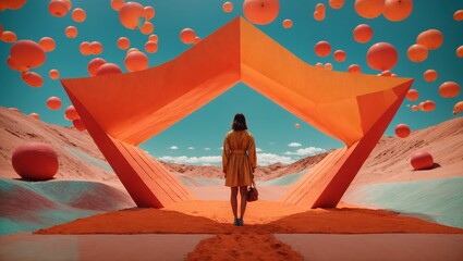 A woman in a vibrant yellow dress standing in a dreamlike and surreal landscape