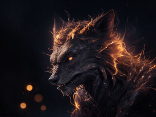 Fantasy portrait of a werewolf with fire flashes on a black background.