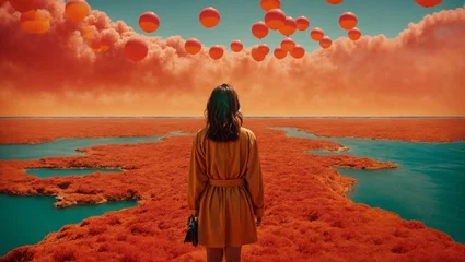 Poster Baksteen A woman enjoying the beauty of colorful balloons floating in the sky