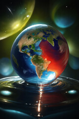 Planet Earth as a glass ball reflected in water.