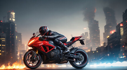 Motorcyclist in a helmet on the background of the city.