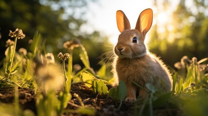 Cute brown rabbit sitting on a green field with natural sunlight - Powered by Adobe