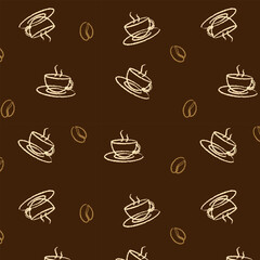 Seamless illustration of coffee mugs and coffee beans on a brown background , seamless vector10