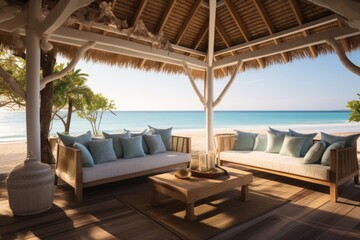 Fototapeta na wymiar Opulent Beachside Cabana At A High End Beach Resort, Generative AI