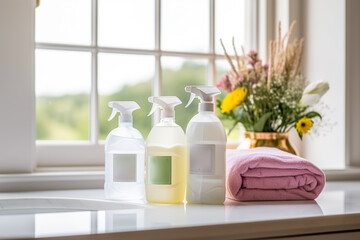 Fototapeta na wymiar Home cleaning, housekeeping and homemaking, liquid soap, cleaning product bottle, cleaner spray and cleanser in the English country house, clean home