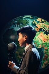 Young ethnic guy recording a radio podcast against the backdrop of planet Earth. Millennial teen content creator works in home studio - International Podcasting Day concept