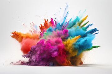 Vibrant powder paint explosion on a clean white background. The perfect close-up shot for a colorful event. AI Generative.