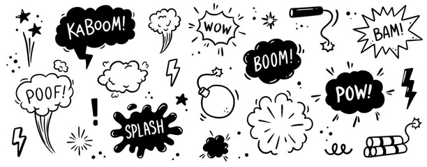Comic bomb boom vector element. Hand drawn cartoon explosion bomb effect, splash, exclamation smoke element. Doodle hand drawn text boom, pow, wow. Vector illustration. - obrazy, fototapety, plakaty