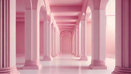  3d rendering pink corridor pillars background render, columns on a pink background, corridor with...