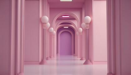  3d rendering pink corridor pillars background render, columns on a pink background, corridor with columns, Ai generated image   