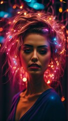 Naklejka na ściany i meble A woman with illuminated hair in a mesmerizing display of lights