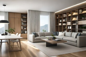 modern living room with book shelves