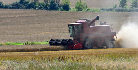 Combine Harvester at work creating a lot of dust.