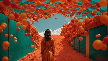 A woman standing in a tunnel of orange balls