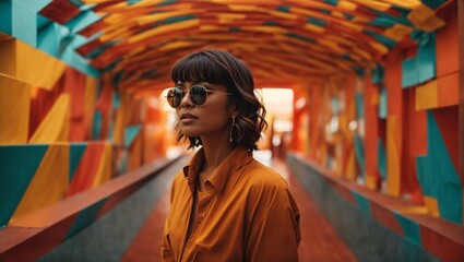 Obraz premium A stylish woman wearing sunglasses in a tunnel