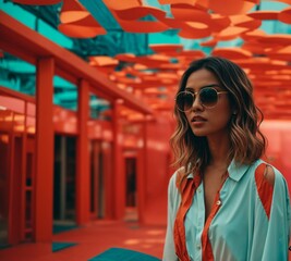 A stylish woman in sunglasses standing in a modern hallway