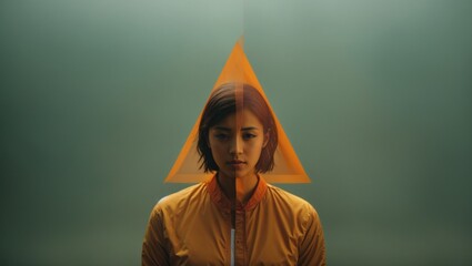 A woman posing in front of a vibrant yellow triangle