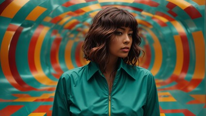 A woman posing in front of a vibrant, colorful wall