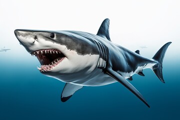 Great agressive shark in the ocean or sea water - obrazy, fototapety, plakaty
