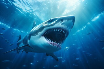 Obraz premium Great agressive shark in the ocean or sea water