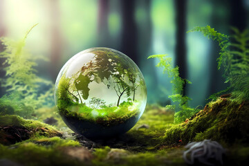 Globe on moss in forest. Natural colors. Generative ai design concept.