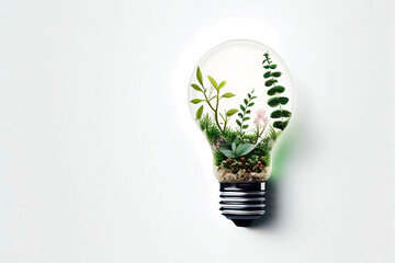 Energy lightbulb on green leaves. Generative ai. - obrazy, fototapety, plakaty