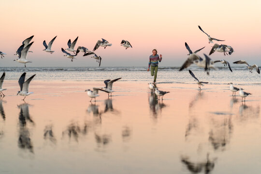 Girl running on beach with seagulls at sunset