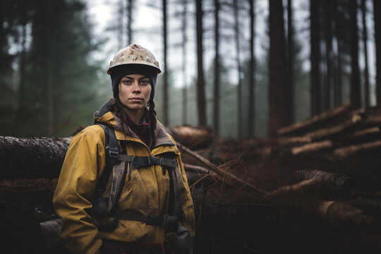 A stoic female logger looking at the lens intensely