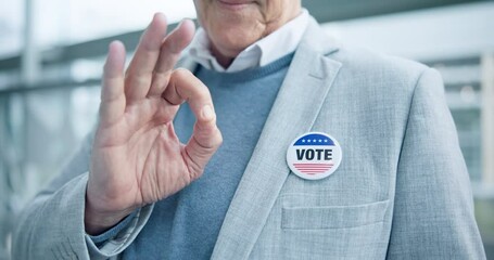 Ok hands, vote pin and man in USA referendum for American democracy. Okay, election badge and person point to choice, decision or support of government in politics, party and state administration