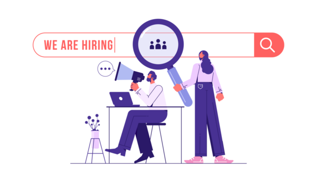 Man with loudspeaker and woman with magnifying glass to choose job interview people, we are hiring, job vacancy or headhunting concept