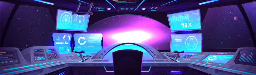 Interior of spaceship control cabin with various control stations and panels, monitors. spacecraft or rocket cockpit room with large glass window with inside view of outer space, stars and galaxies. © klyaksun