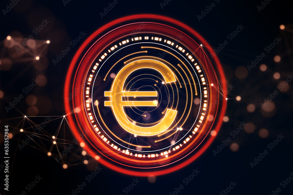 Poster Abstract red digital euro coin with polygonal bokeh mesh on blurry background. Online banking and trade concept. 3D Rendering.
