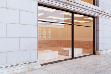 Modern shop building with glass wall and tile floor. 3D Rendering