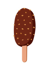 Ice cream with chocolate glaze and nuts on stick. Chocolate popsicle with filling isolated on white background.