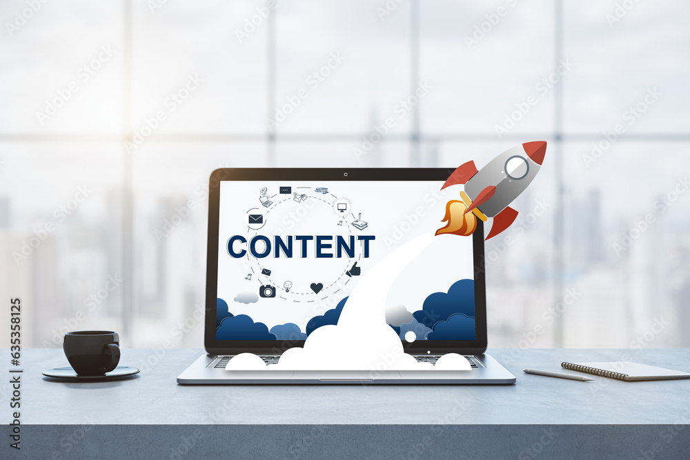 Poster startup concept with rocket on laptop screen. 3d rendering