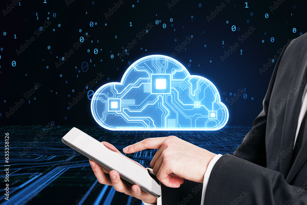 Leinwandbilder Internet network technology and mobile data storage service concept with businessman using modern smartphone on dark background with digital blue cloud symbol with circuit and processor inside