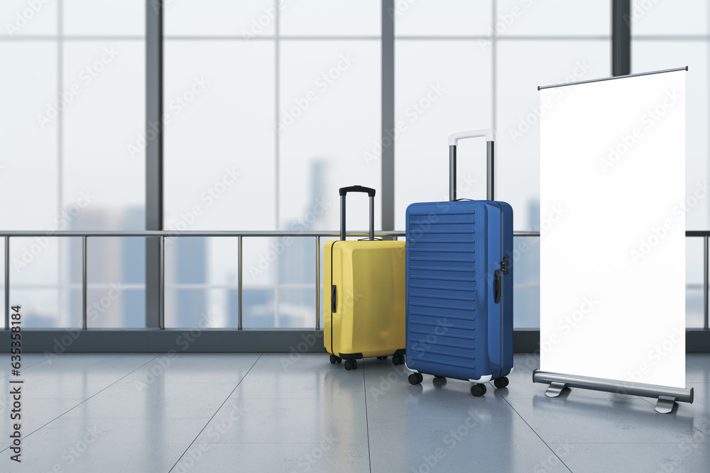 Poster Perspective view on blank white poster with place for your logo or text on concrete floor next to suitcases empty airport corridor hall with city view background from big window. 3D rendering, mockup