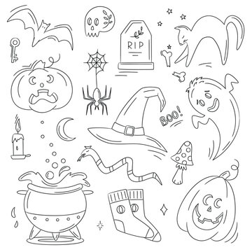 Halloween doodles. Hand drawn vector set of sketches: jack-o-lantern, witch hat, ghost, bat, black cat, scull, tombstone, cauldron with potion. Magic elements for card, sticker, poster