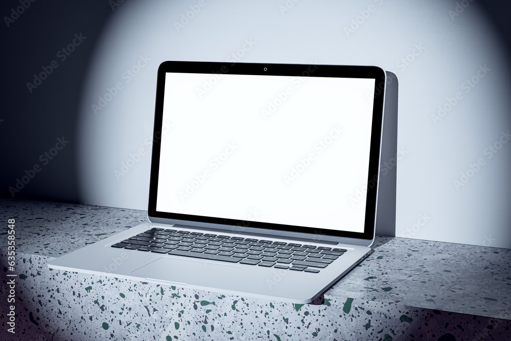 Poster Close up of blank white computer monitor in spotlight. Mock up place and advertisement concept. 3D Rendering.