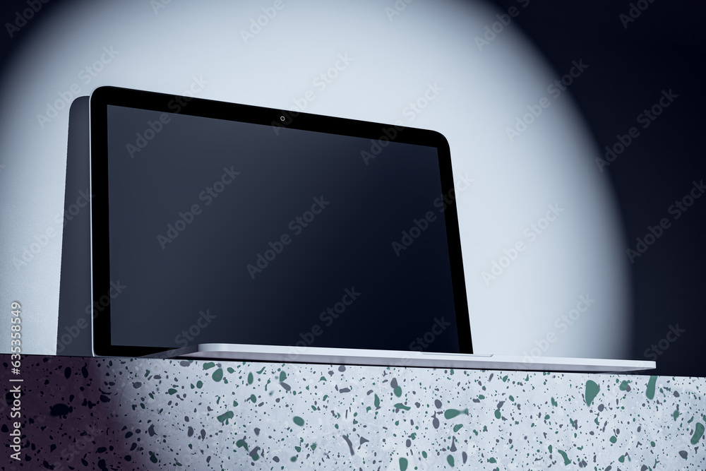 Poster Close up of clean computer monitor in spotlight. Mock up place and advertisement concept. 3D Rendering.