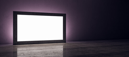 New exhibition hall interior with empty white banner on purple wall and reflections on wooden flooring. Mock up, 3D Rendering.